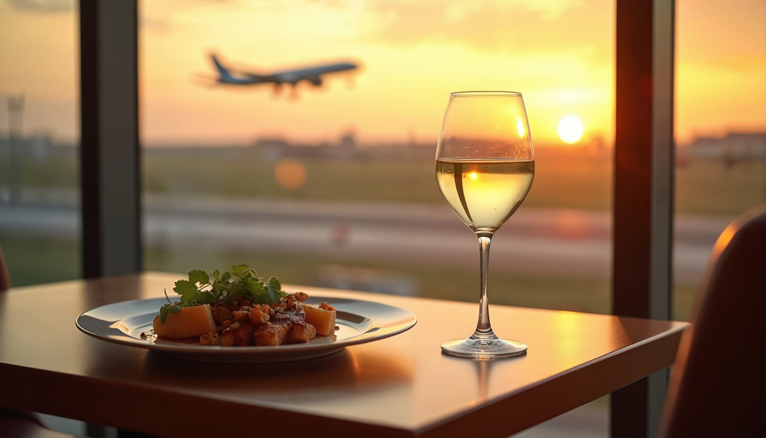 Plate of food and wine glass on table by airport window with plane taking off at sunset. Enjoying meal with travel view. Luxury dining at aerodrome.